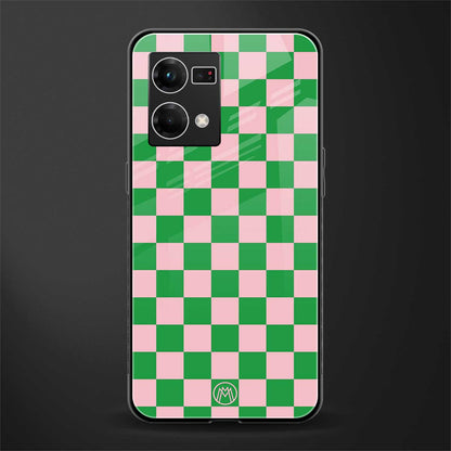 pink & green check pattern back phone cover | glass case for oppo f21 pro 4g