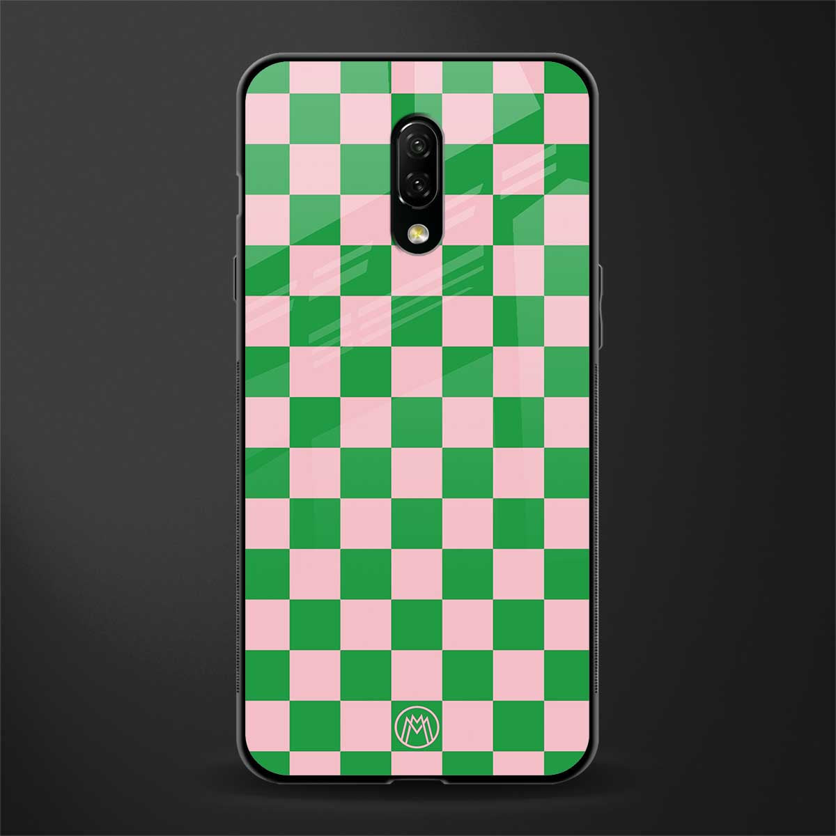 pink & green check pattern glass case for oneplus 7 image