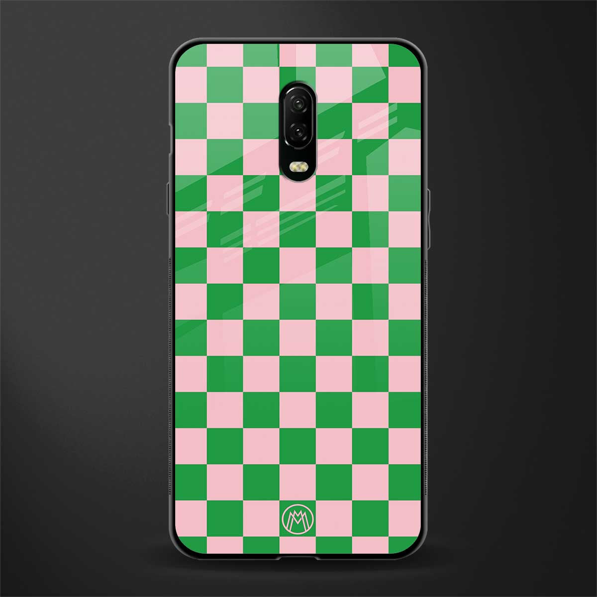 pink & green check pattern glass case for oneplus 6t image