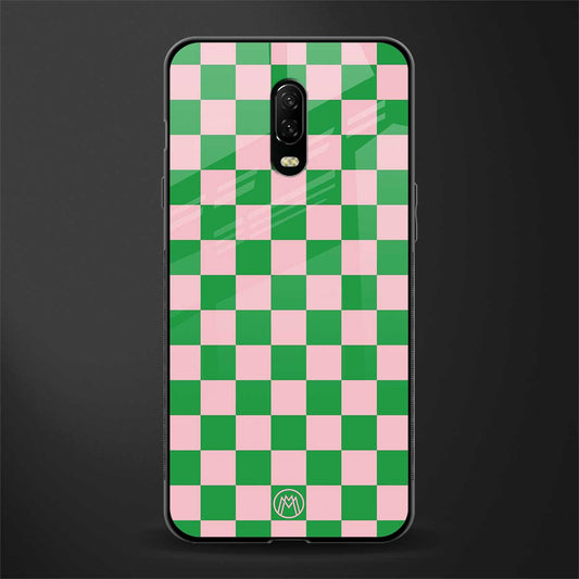 pink & green check pattern glass case for oneplus 6t image