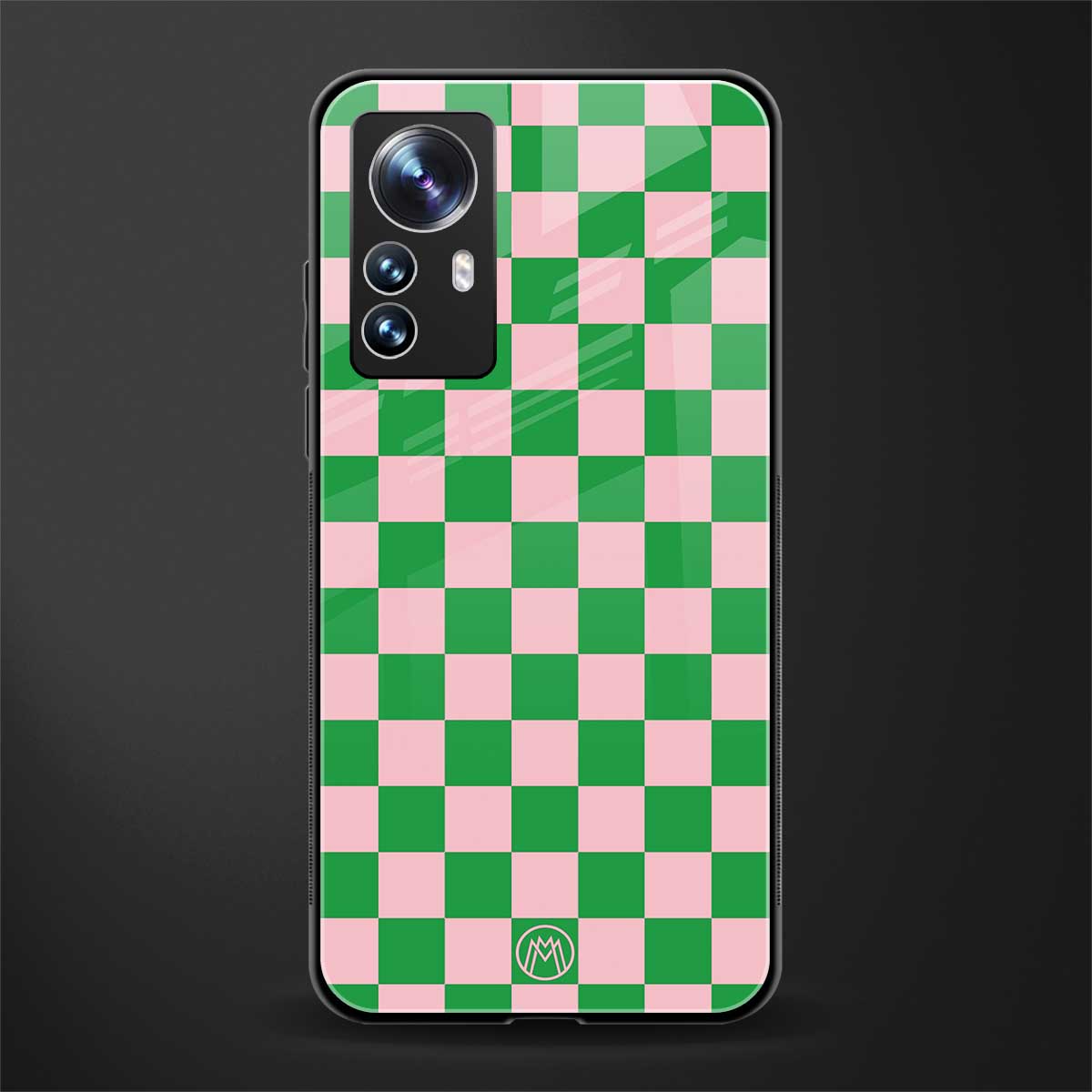 pink & green check pattern back phone cover | glass case for xiaomi 12 pro
