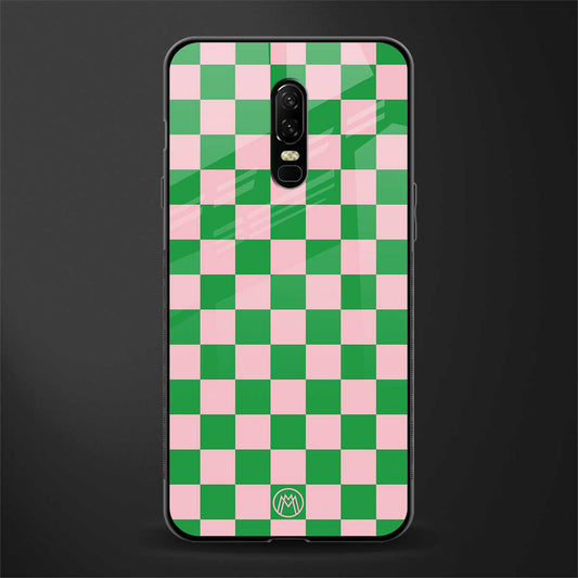 pink & green check pattern glass case for oneplus 6 image
