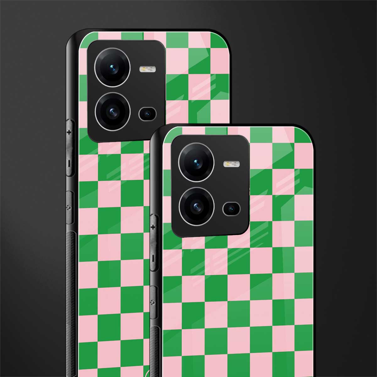 pink & green check pattern back phone cover | glass case for vivo v25-5g