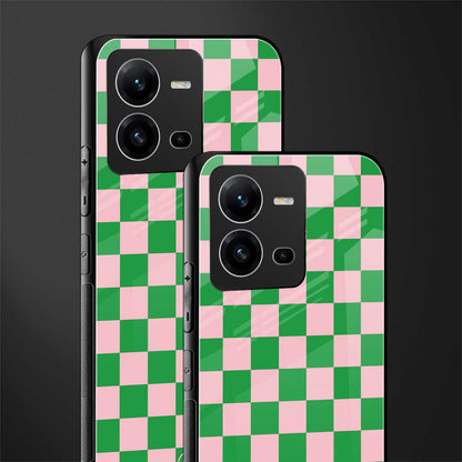 pink & green check pattern back phone cover | glass case for vivo v25-5g