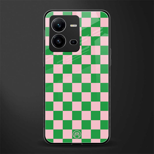 pink & green check pattern back phone cover | glass case for vivo v25-5g