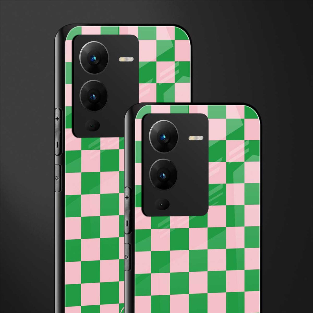 pink & green check pattern back phone cover | glass case for vivo v25 pro 5g
