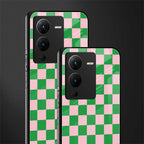 pink & green check pattern back phone cover | glass case for vivo v25 pro 5g