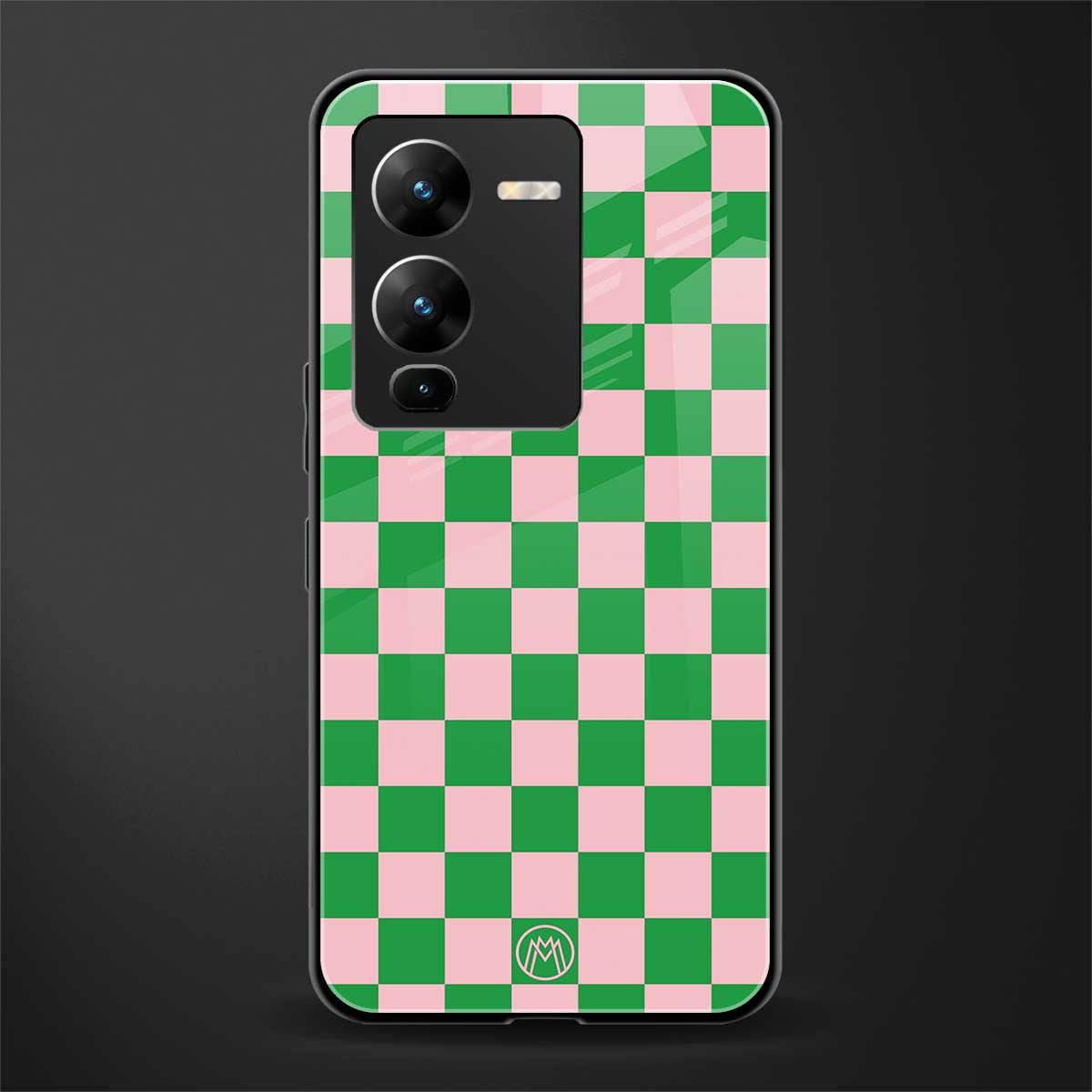 pink & green check pattern back phone cover | glass case for vivo v25 pro 5g