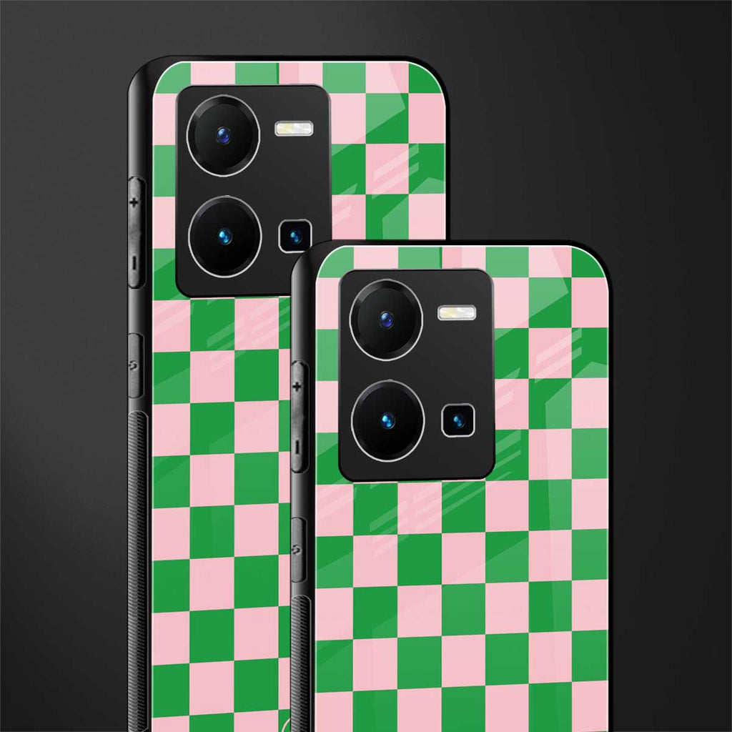pink & green check pattern back phone cover | glass case for vivo y35 4g