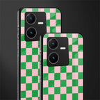 pink & green check pattern back phone cover | glass case for vivo y22