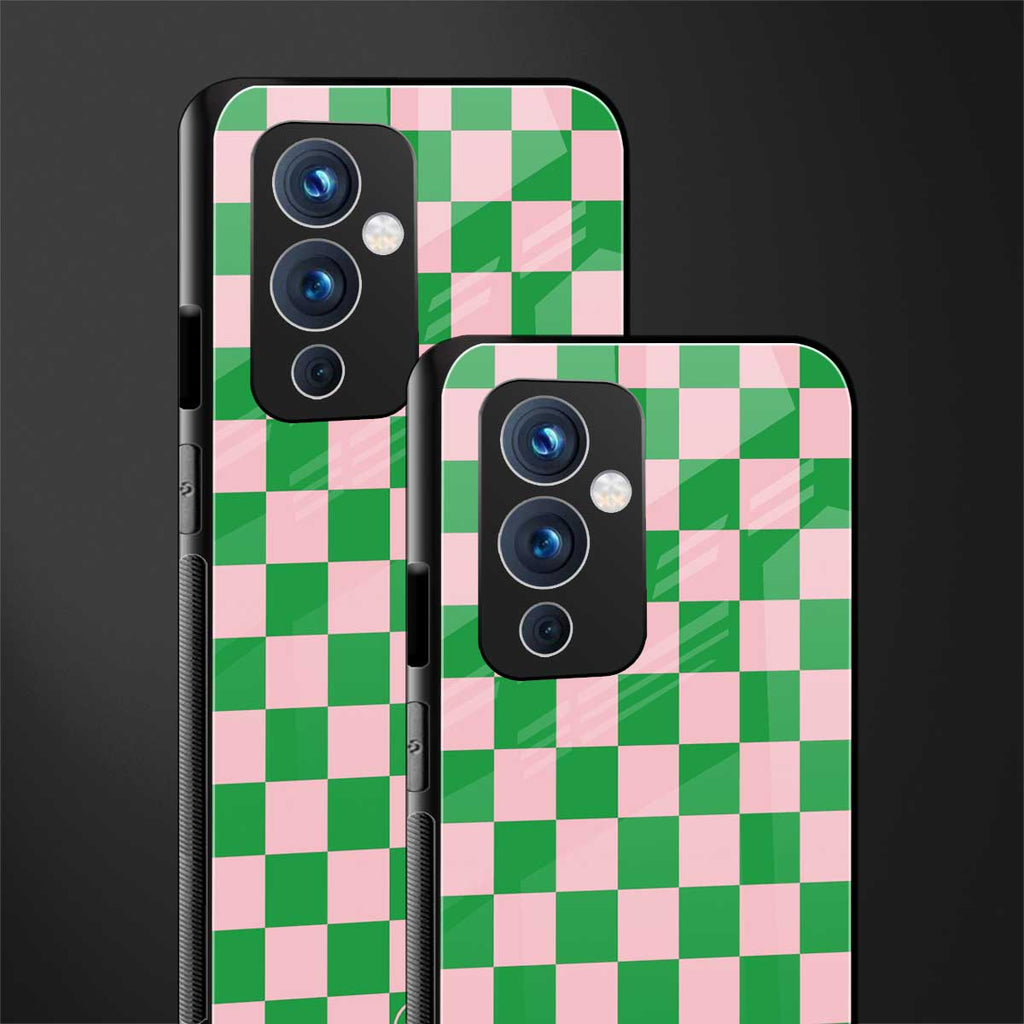 pink & green check pattern back phone cover | glass case for oneplus 9