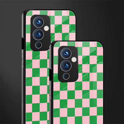 pink & green check pattern back phone cover | glass case for oneplus 9