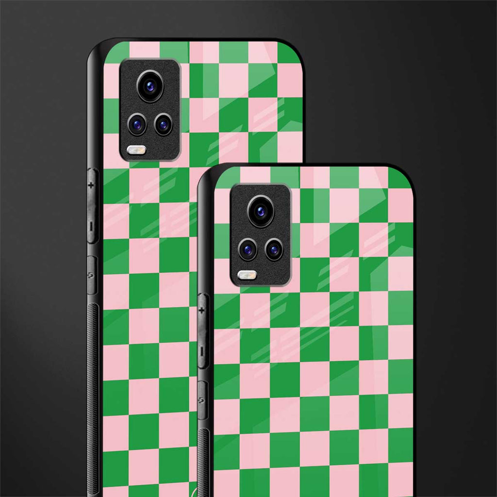 pink & green check pattern back phone cover | glass case for vivo v21e 4g