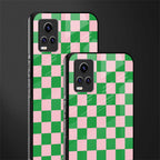 pink & green check pattern back phone cover | glass case for vivo v21e 4g
