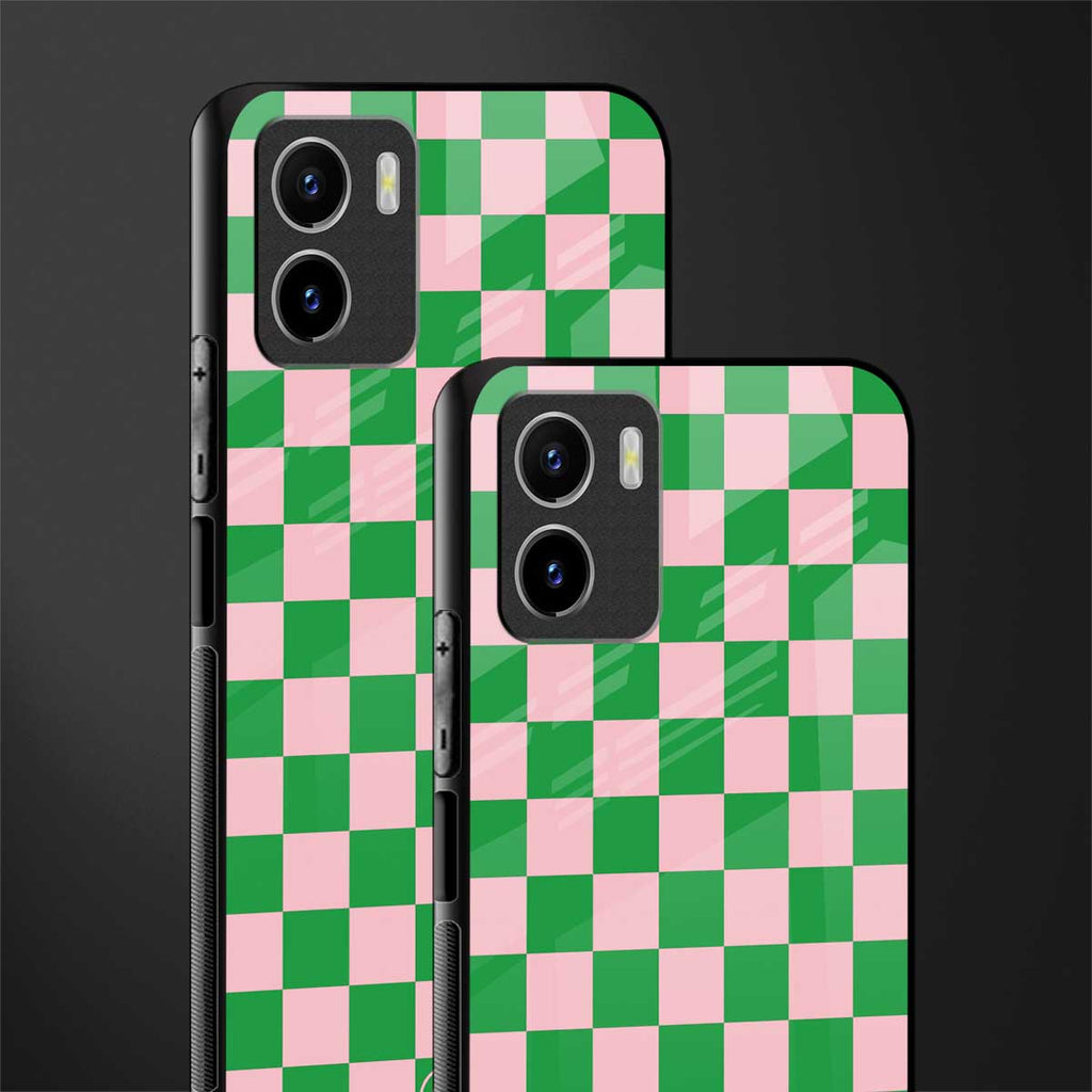 pink & green check pattern back phone cover | glass case for vivo y72
