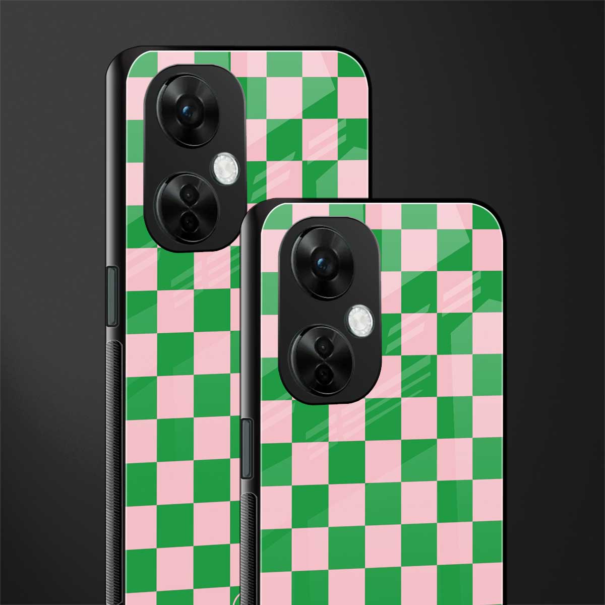 pink & green check pattern back phone cover | glass case for oneplus nord ce 3 lite