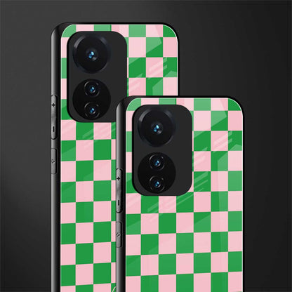 pink & green check pattern back phone cover | glass case for vivo t1 44w 4g