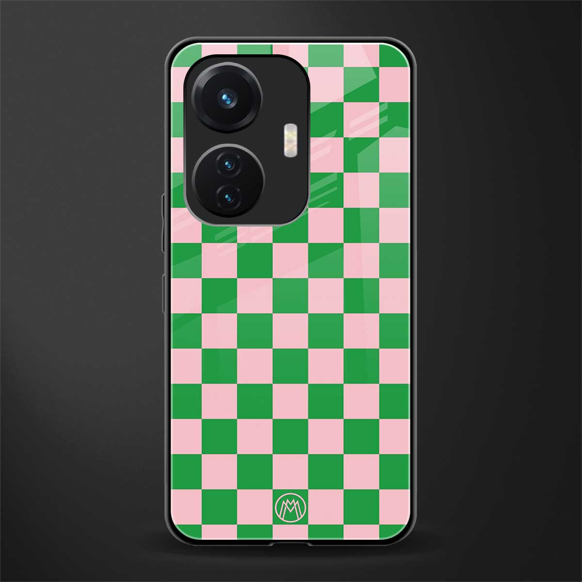 pink & green check pattern back phone cover | glass case for vivo t1 44w 4g