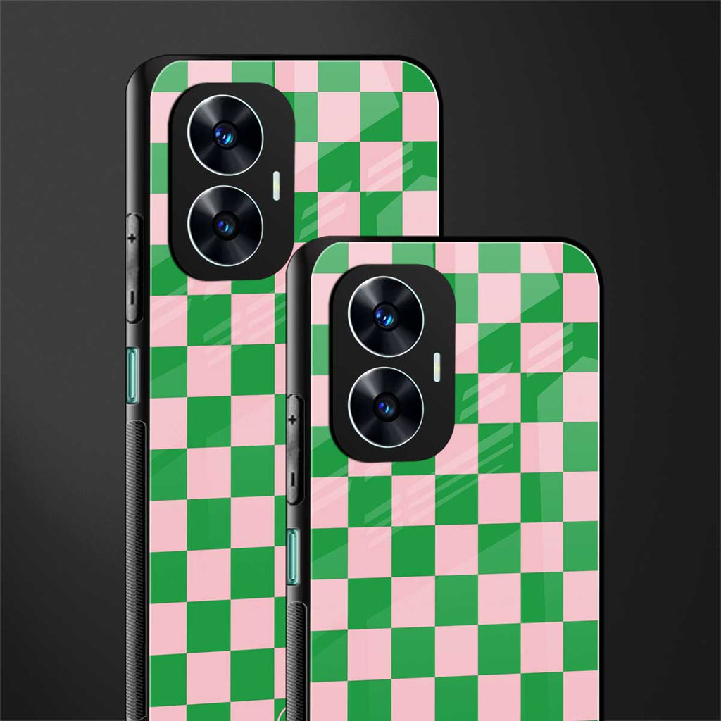 pink & green check pattern back phone cover | glass case for realme c55