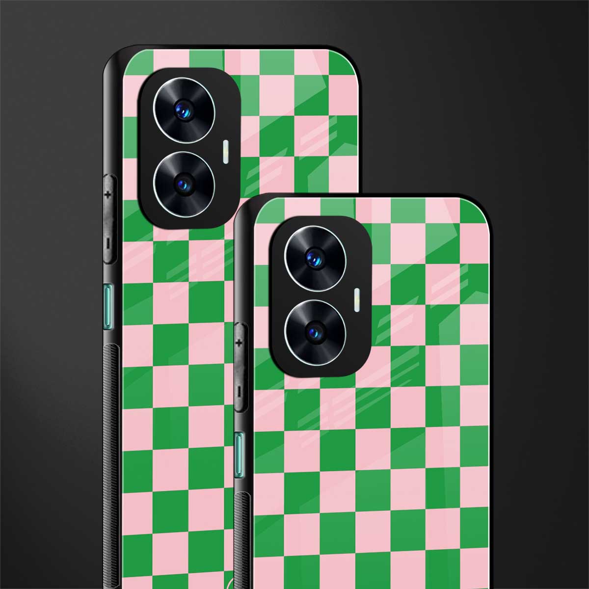 pink & green check pattern back phone cover | glass case for realme c55