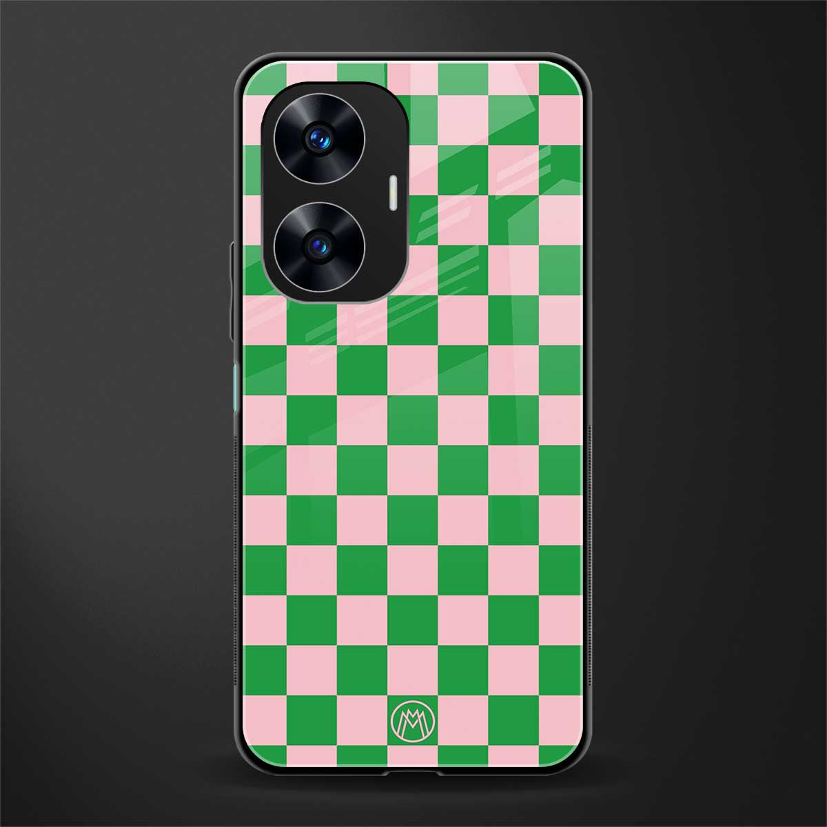pink & green check pattern back phone cover | glass case for realme c55