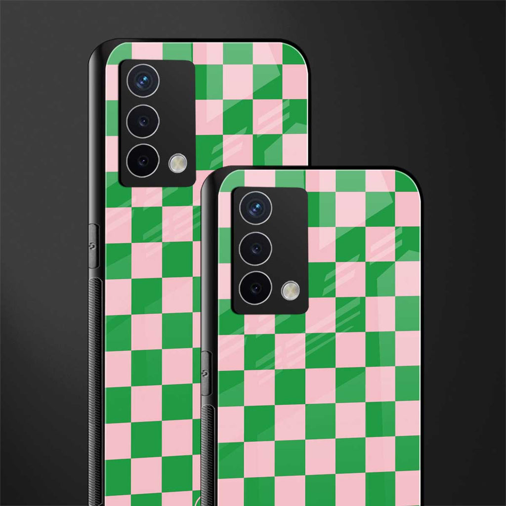 pink & green check pattern back phone cover | glass case for oppo a74 4g