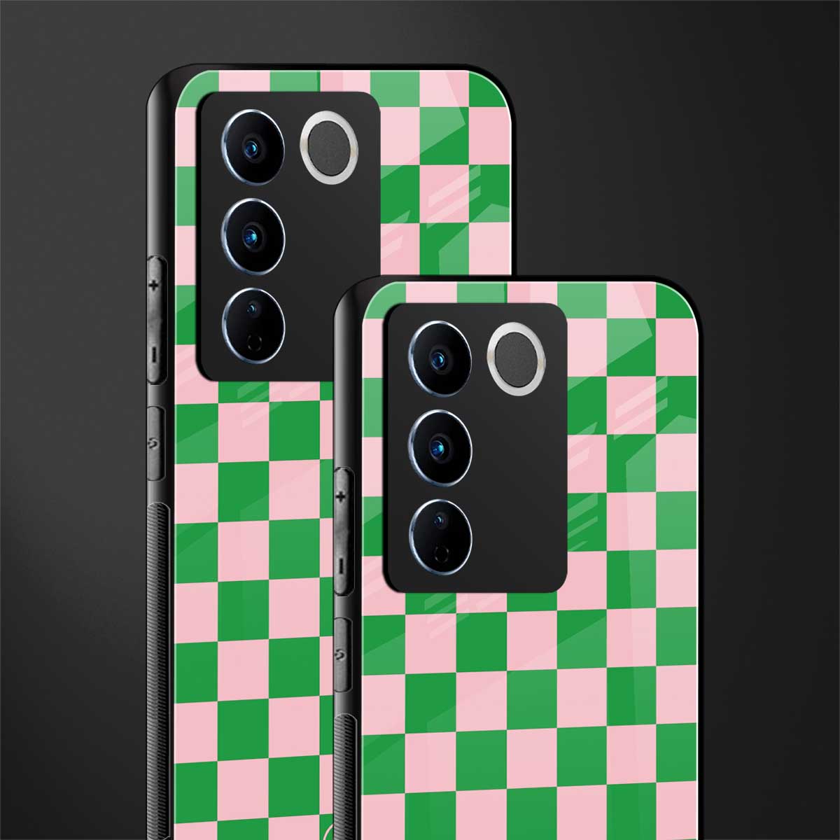 pink & green check pattern back phone cover | glass case for vivo v27 pro 5g