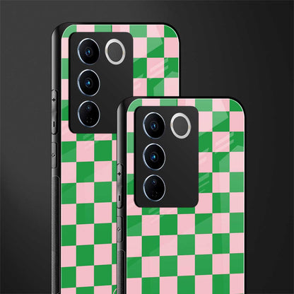 pink & green check pattern back phone cover | glass case for vivo v27 pro 5g