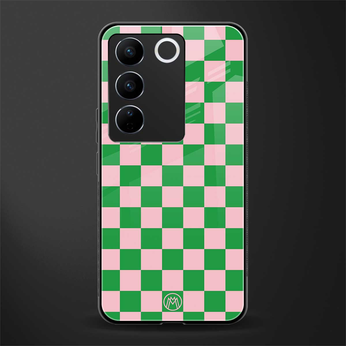 pink & green check pattern back phone cover | glass case for vivo v27 pro 5g