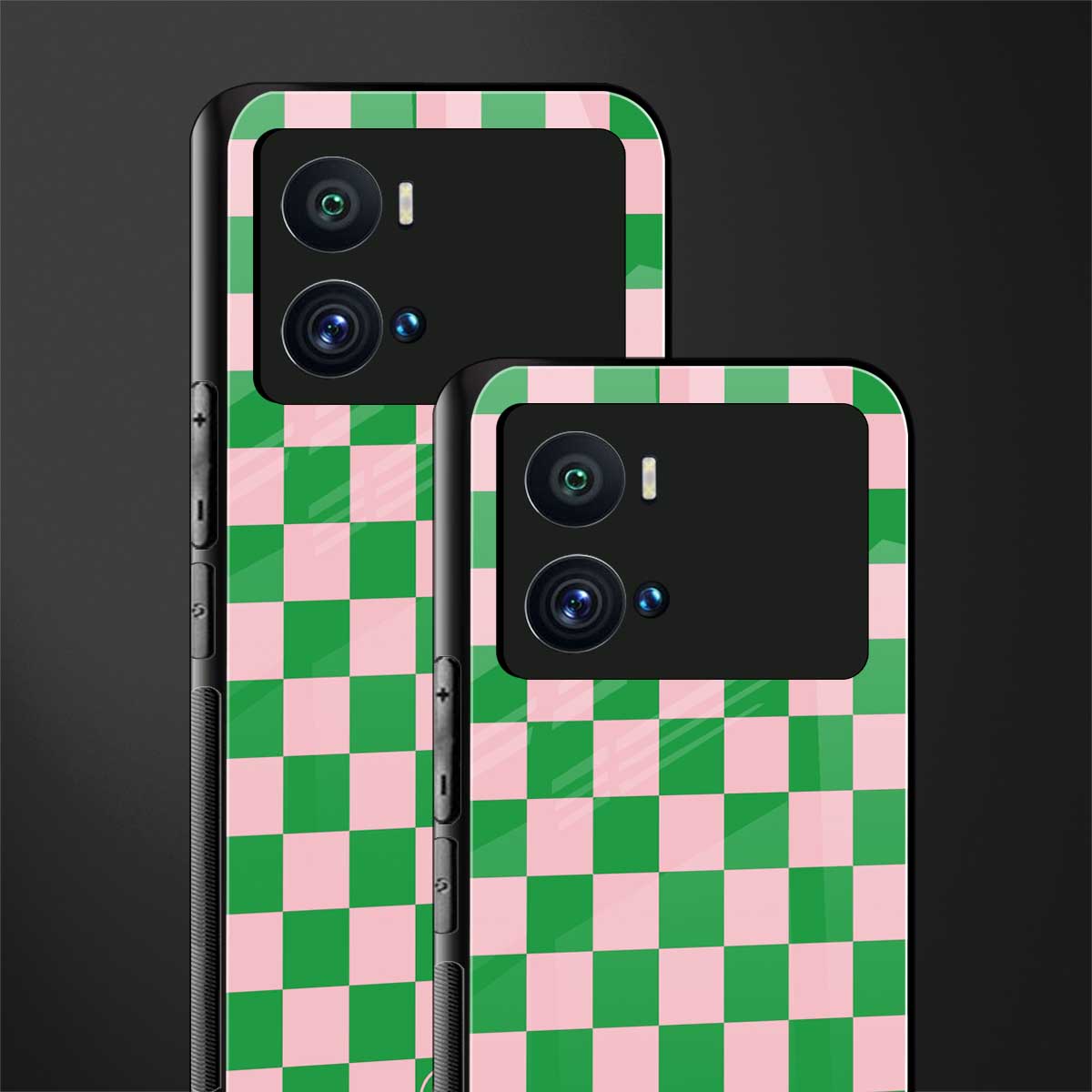 pink & green check pattern back phone cover | glass case for iQOO 9 Pro