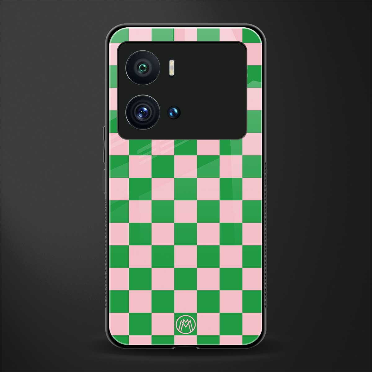 pink & green check pattern back phone cover | glass case for iQOO 9 Pro