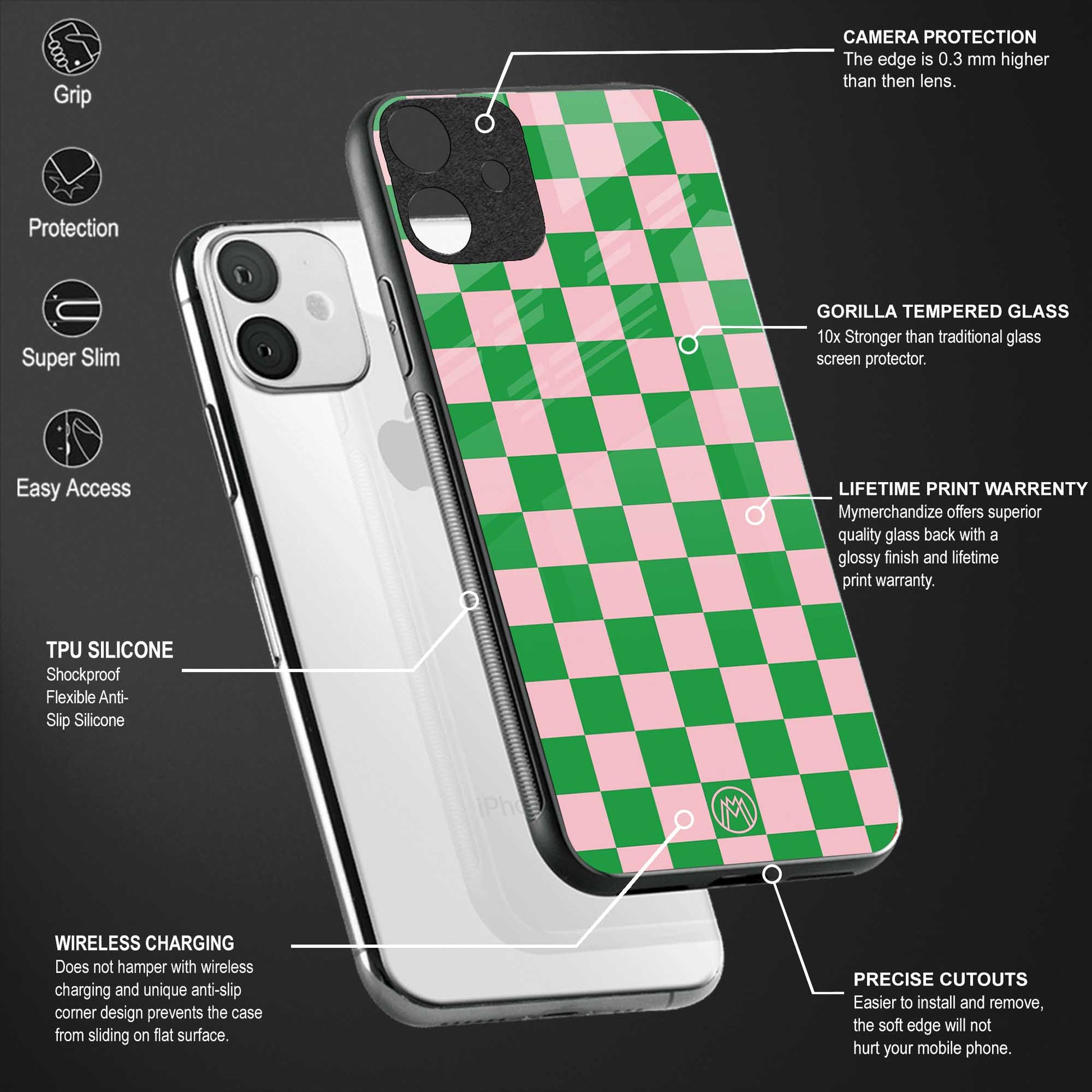 pink & green check pattern back phone cover | glass case for vivo v25-5g
