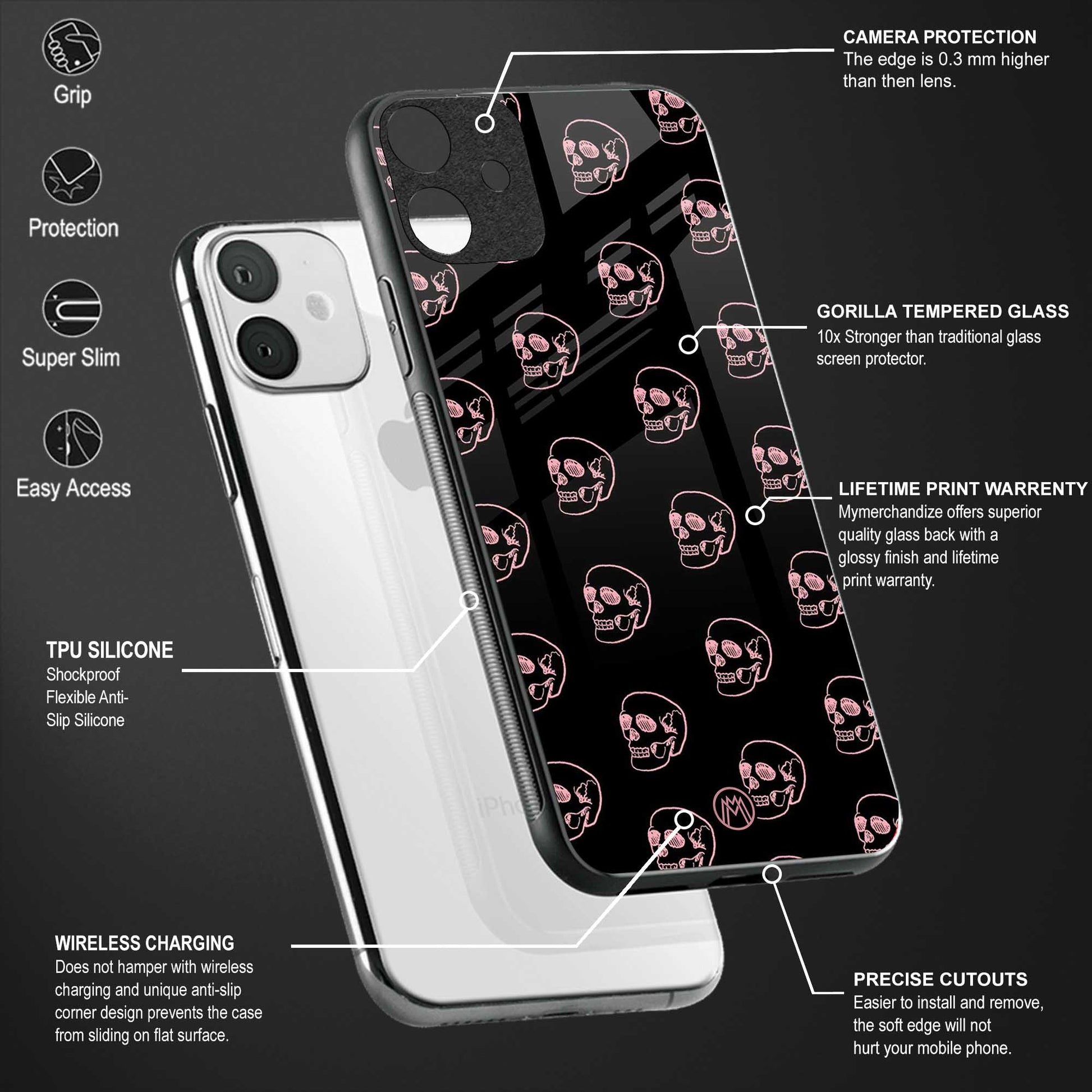 pink skull pattern back phone cover | glass case for vivo t1 44w 4g
