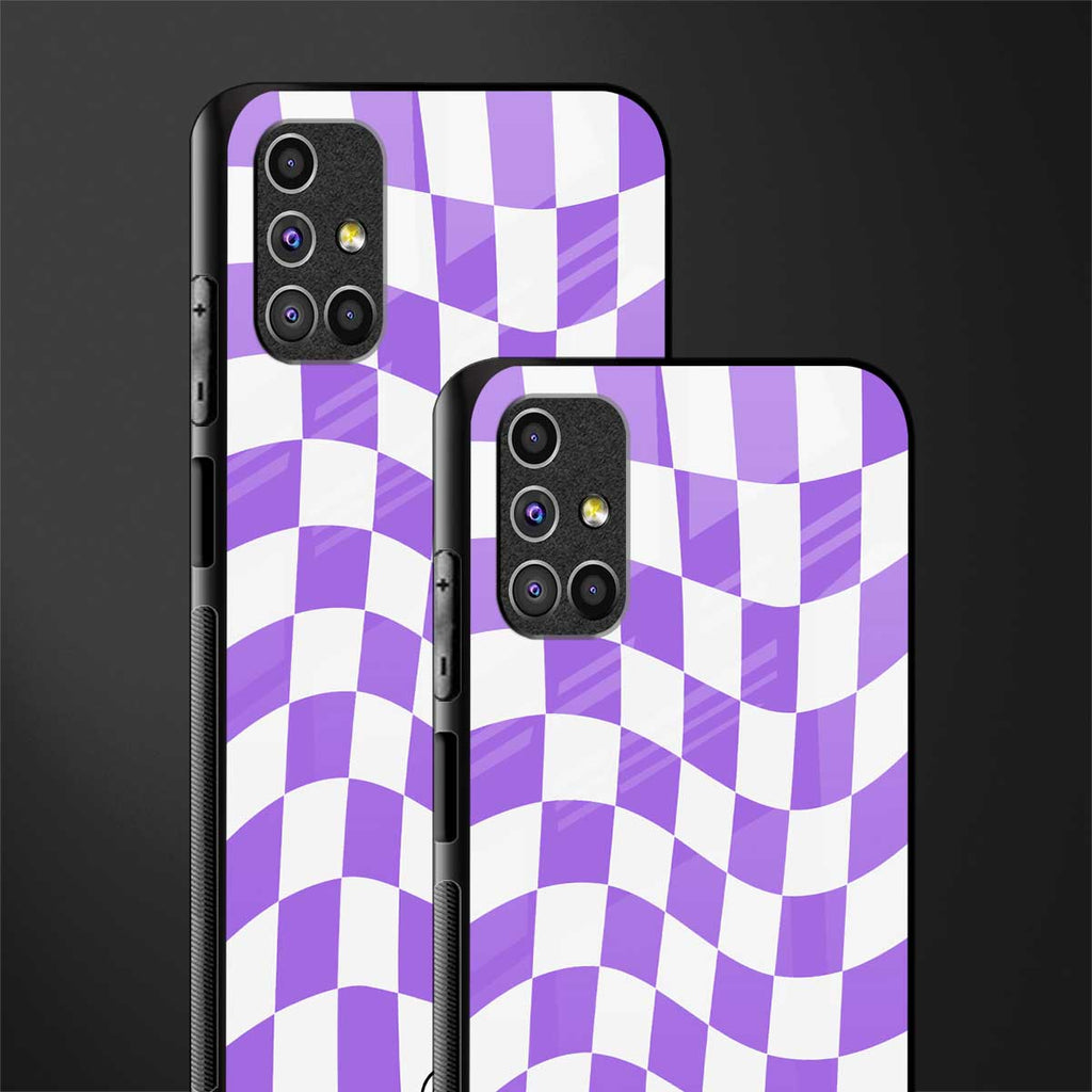 purple white trippy check pattern glass case for samsung galaxy m51 image-2