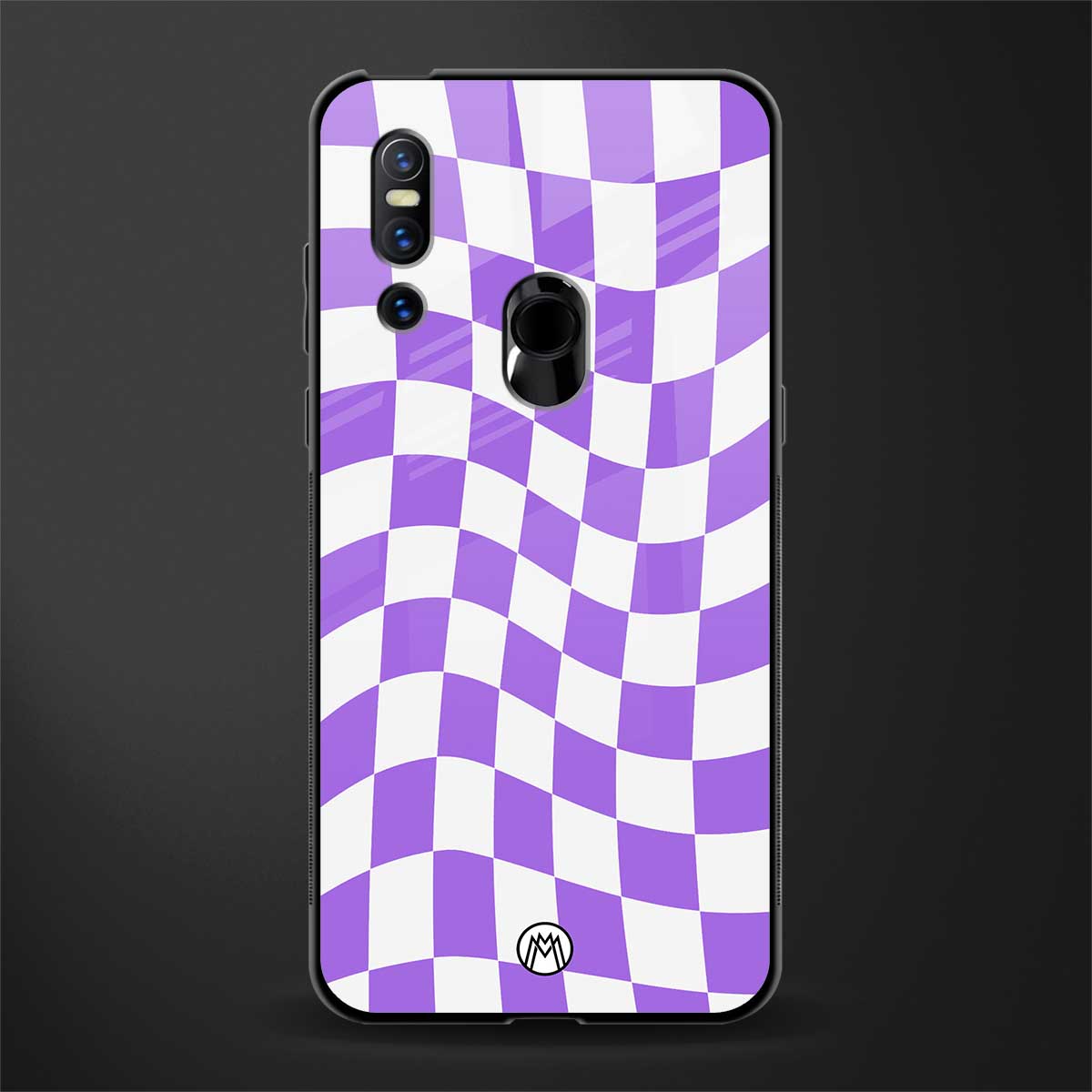 purple white trippy check pattern glass case for vivo v15 image