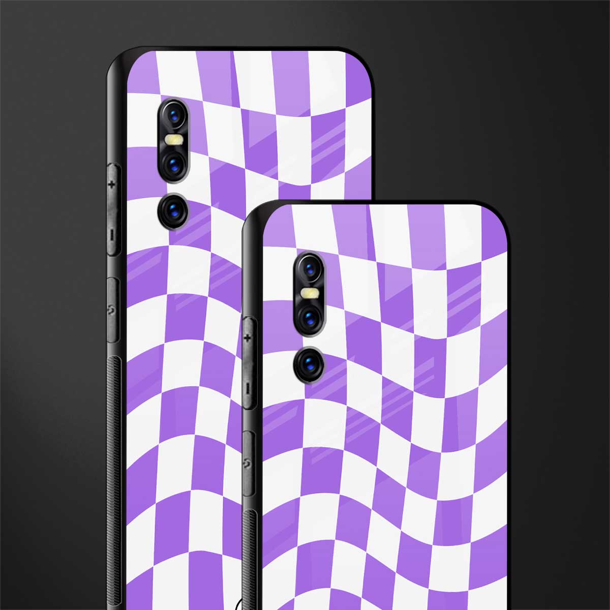 purple white trippy check pattern glass case for vivo v15 pro image-2