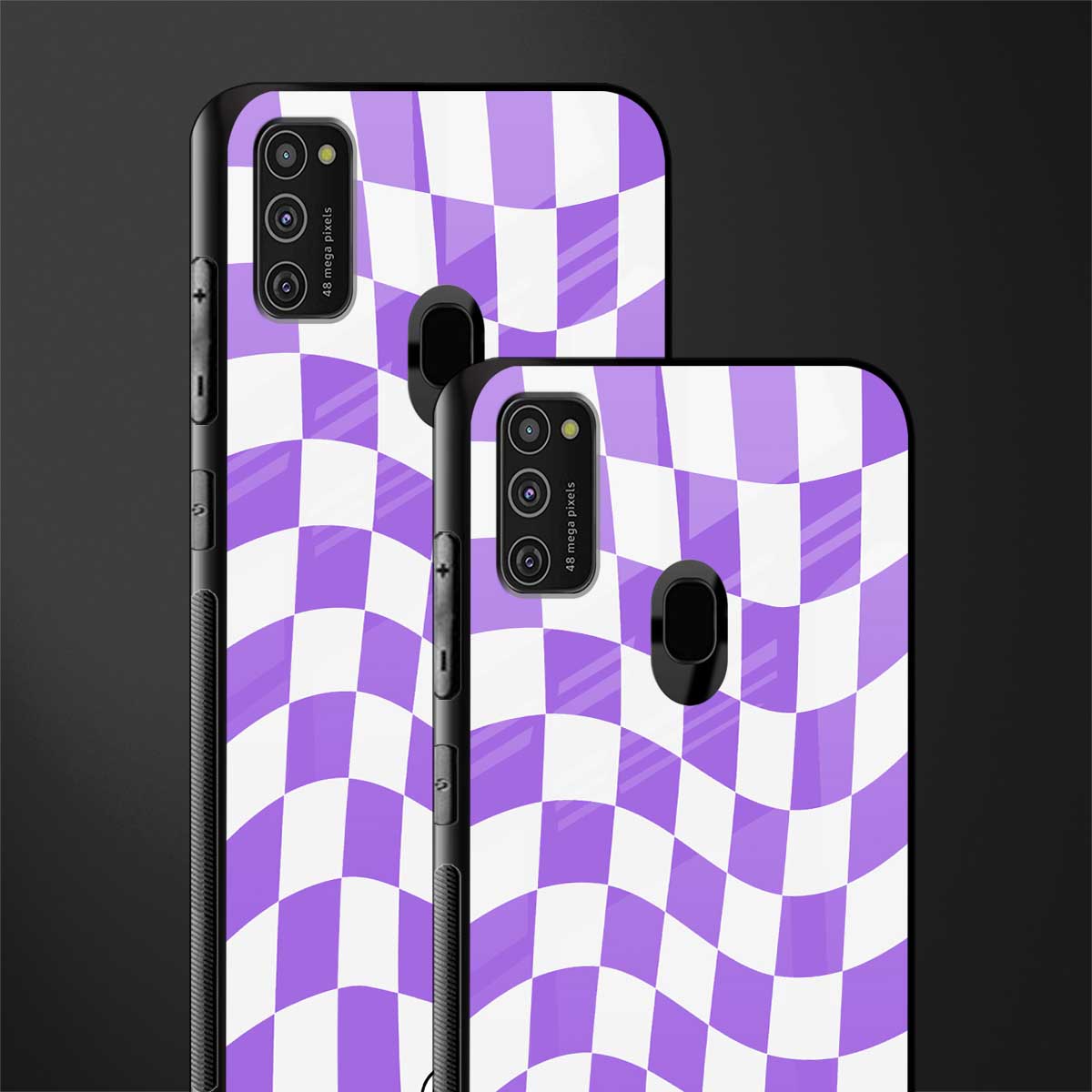 purple white trippy check pattern glass case for samsung galaxy m30s image-2