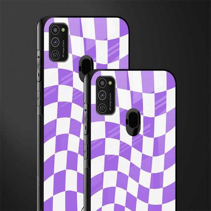 purple white trippy check pattern glass case for samsung galaxy m21 image-2