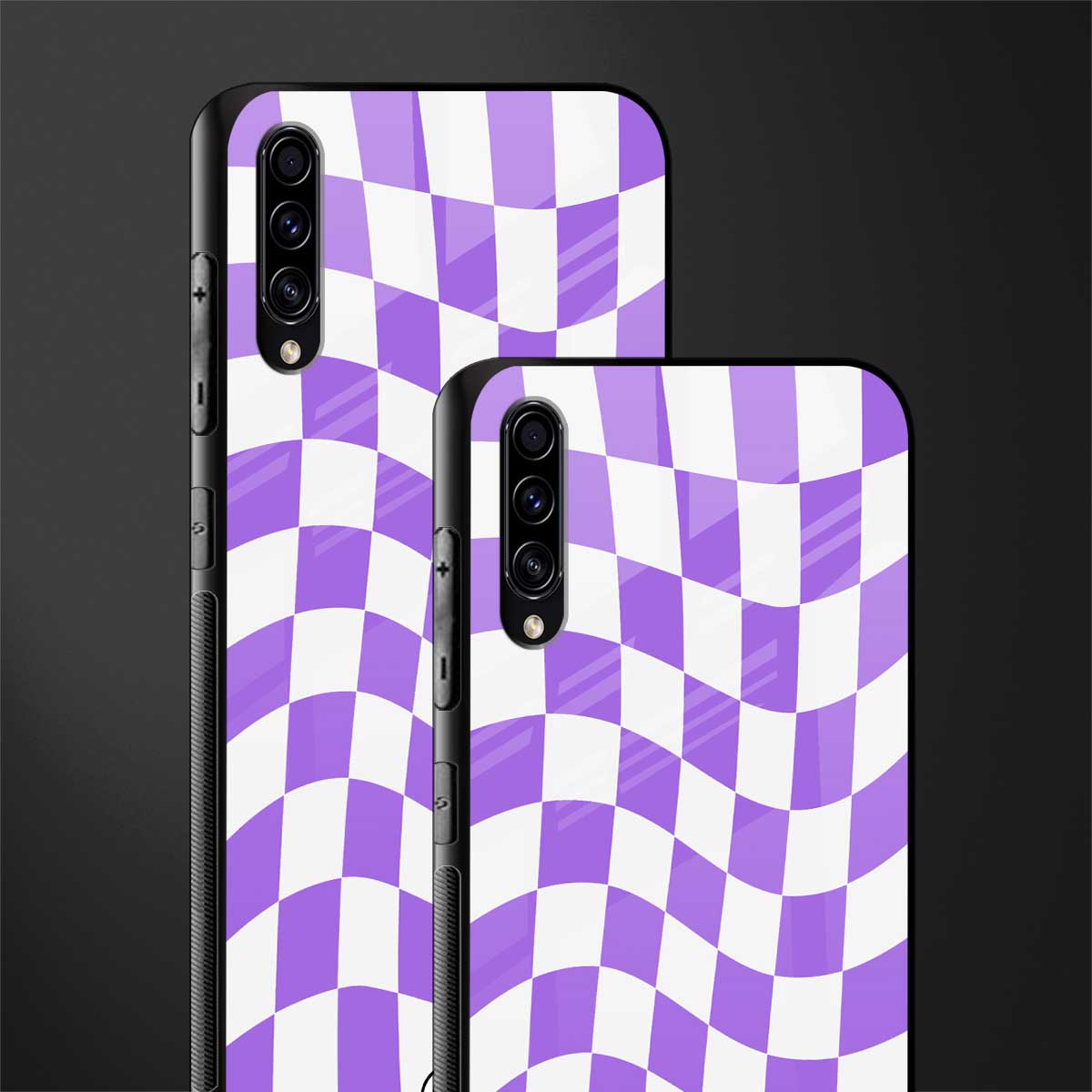 purple white trippy check pattern glass case for samsung galaxy a70 image-2