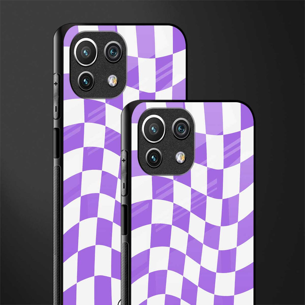 purple white trippy check pattern glass case for mi 11 lite image-2