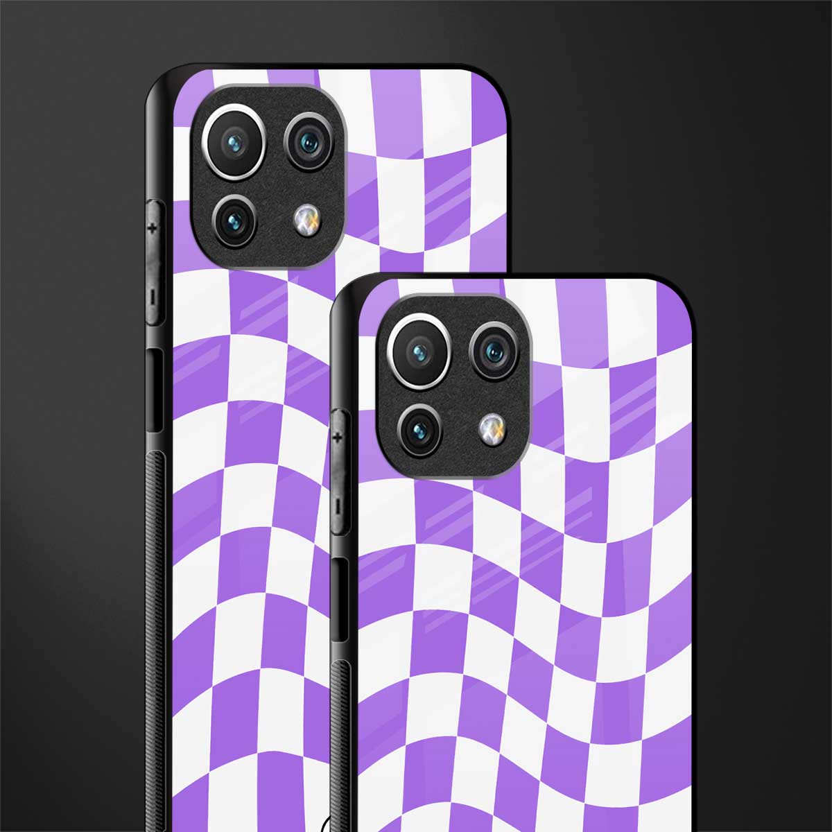purple white trippy check pattern glass case for mi 11 lite image-2