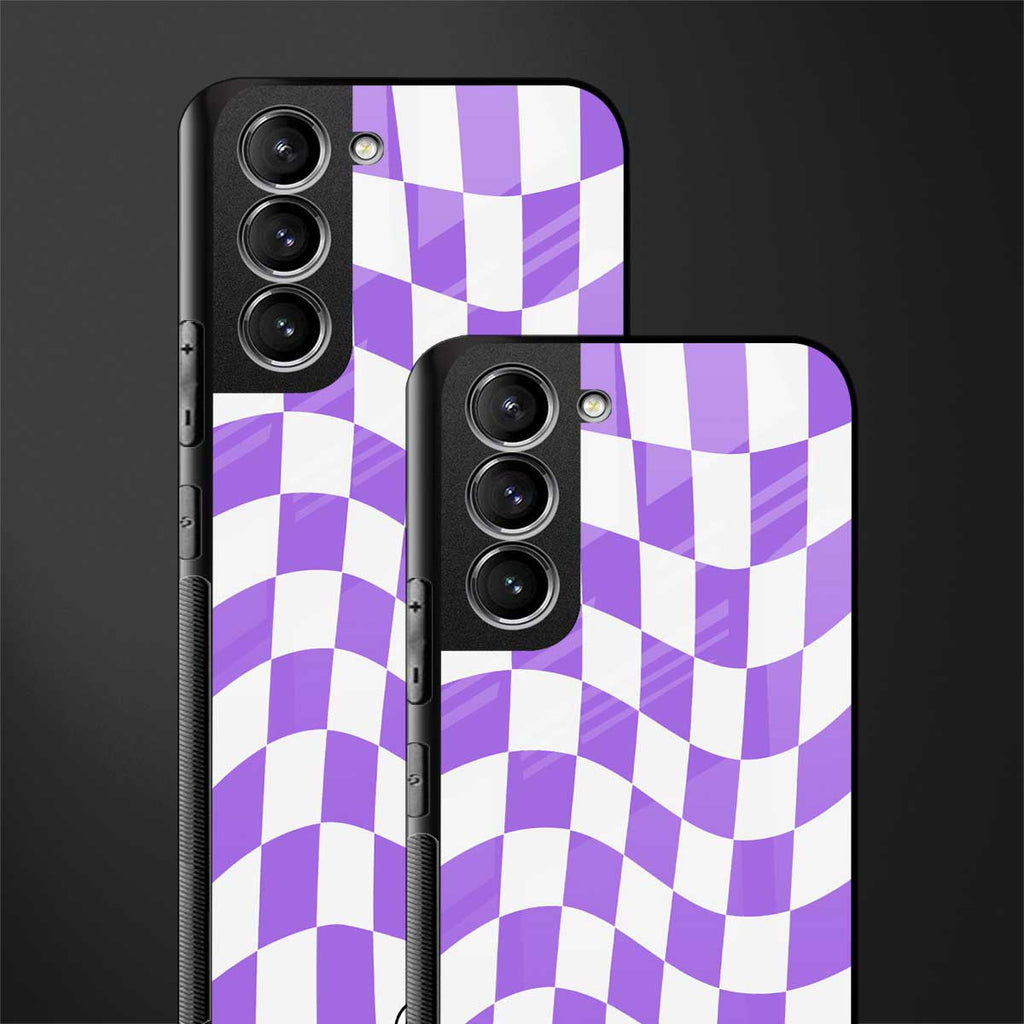 purple white trippy check pattern glass case for samsung galaxy s21 fe 5g image-2