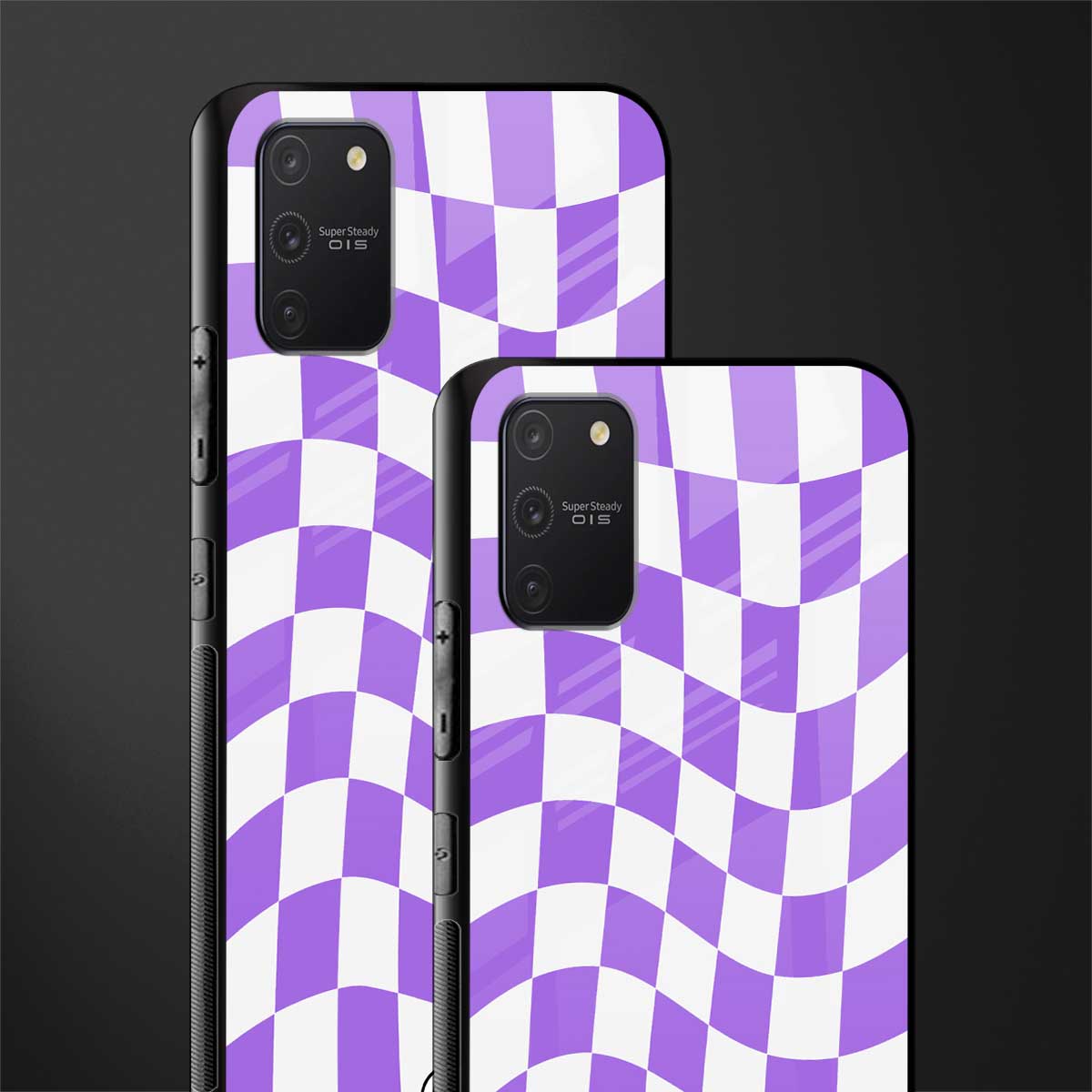 purple white trippy check pattern glass case for samsung galaxy a91 image-2