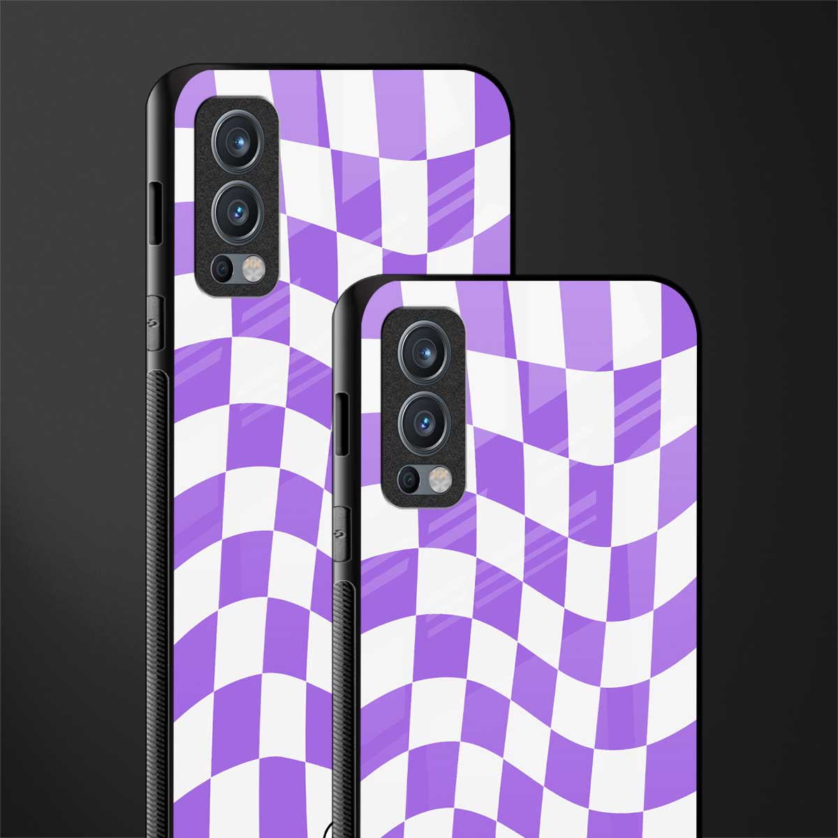 purple white trippy check pattern glass case for oneplus nord 2 5g image-2