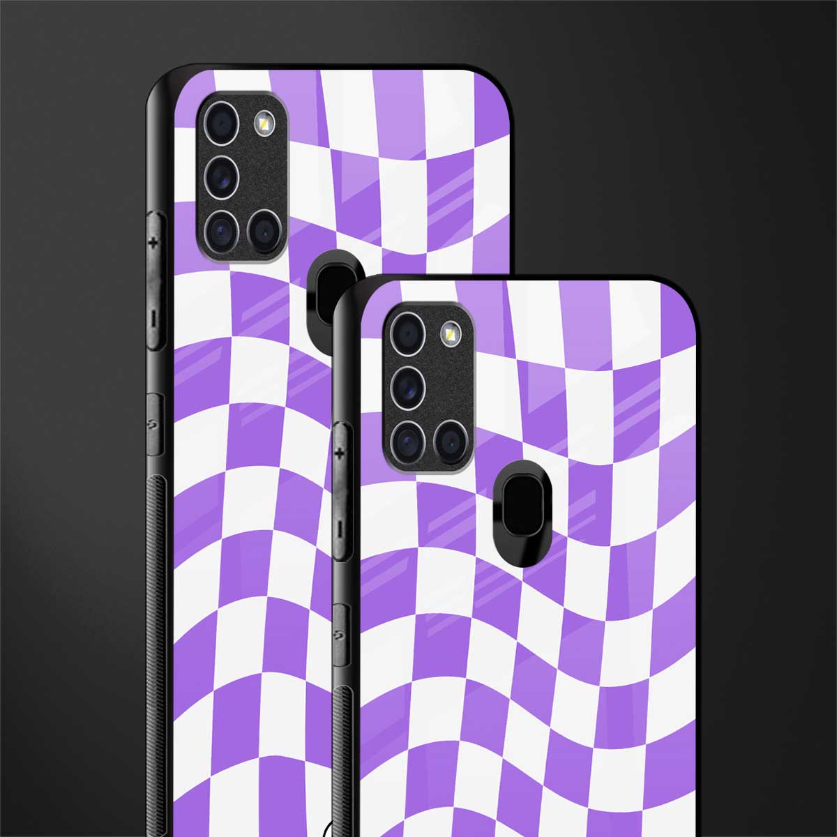 purple white trippy check pattern glass case for samsung galaxy a21s image-2