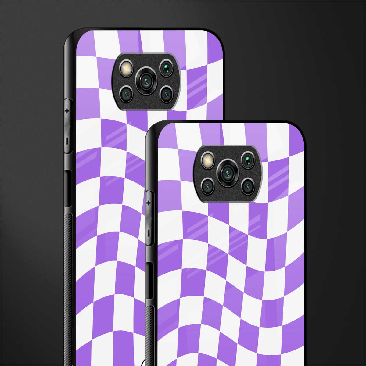 purple white trippy check pattern glass case for poco x3 image-2