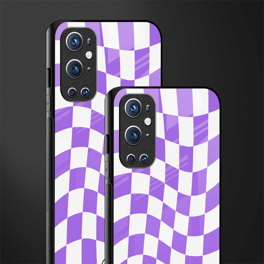 purple white trippy check pattern glass case for oneplus 9 pro image-2