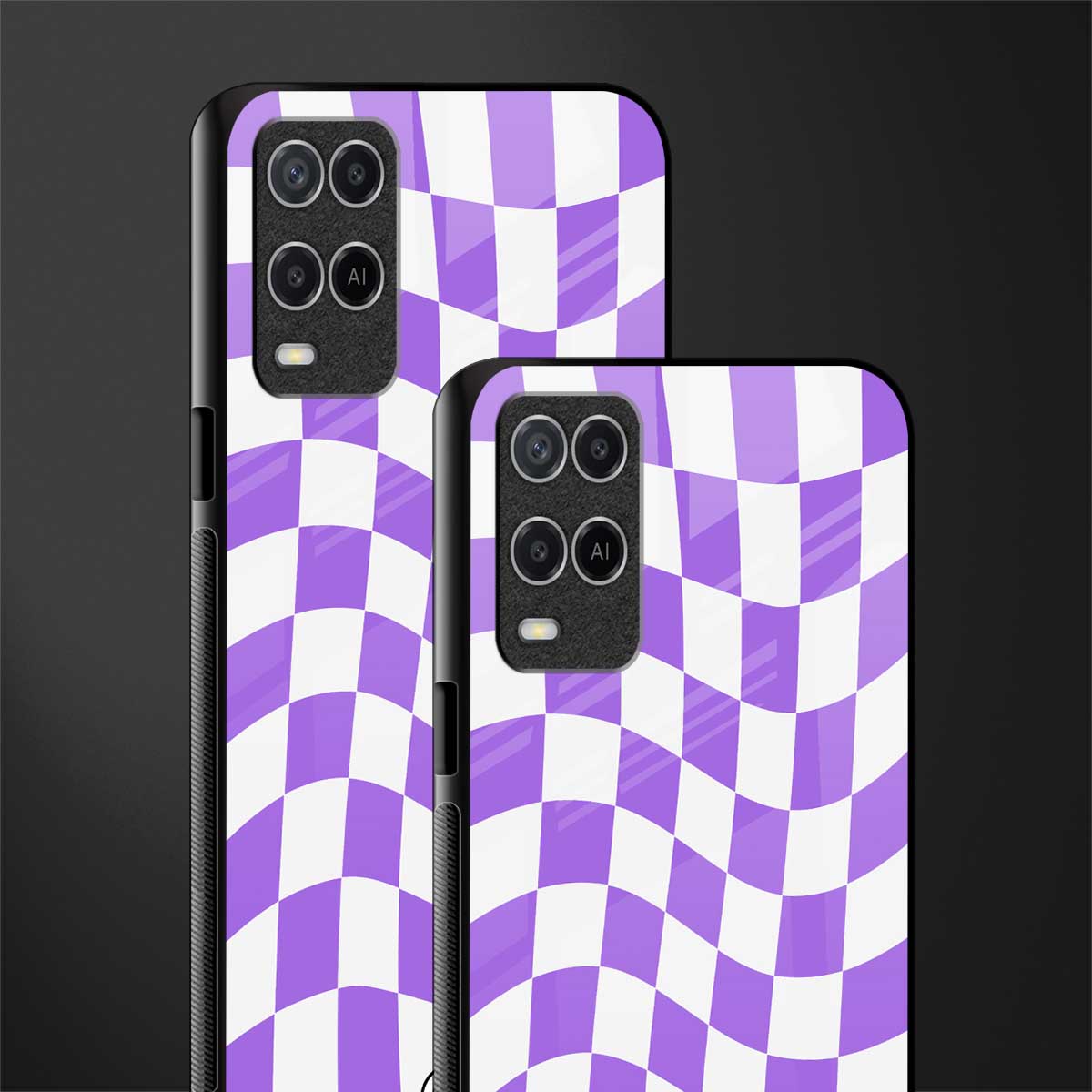 purple white trippy check pattern glass case for oppo a54 image-2