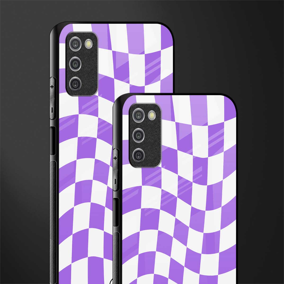 purple white trippy check pattern glass case for samsung galaxy a03s image-2