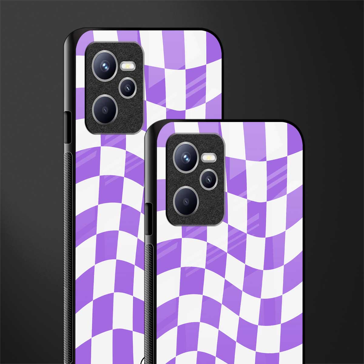 purple white trippy check pattern glass case for realme c35 image-2